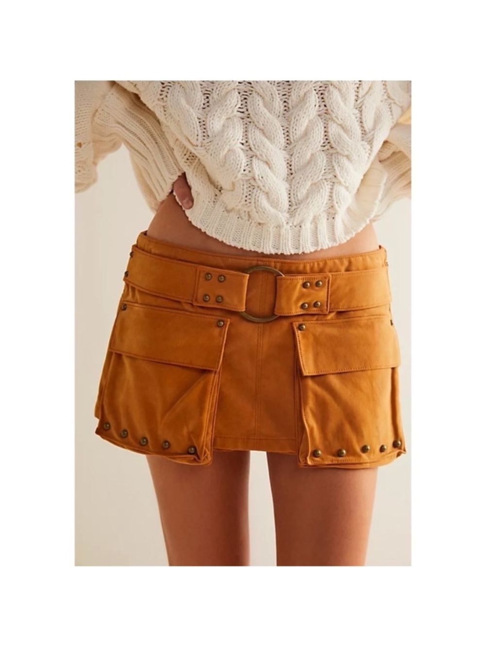 New Free People Micro Mini Suede Skort Brown Stud Western 4